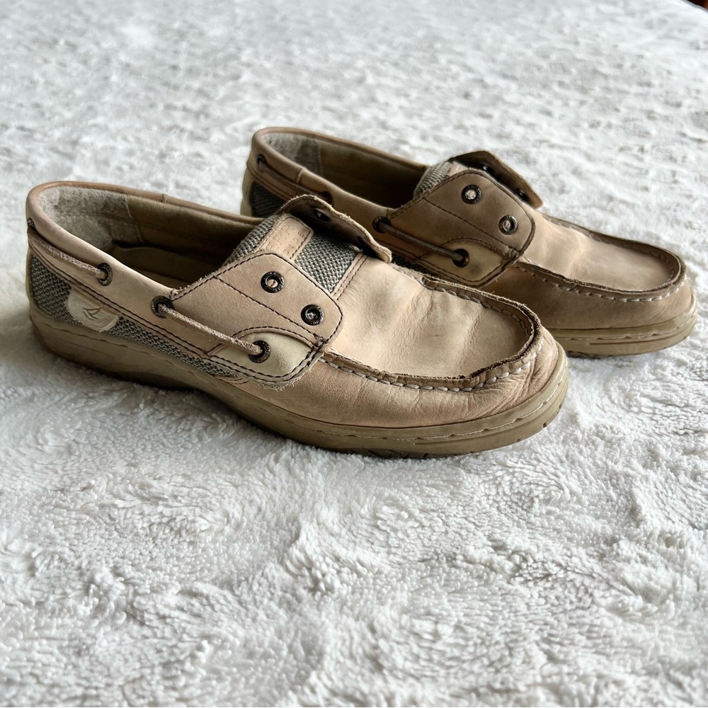 Sperry Boat Shoes Womens 5 W Tan Top Sider Bluefish 2 Eye Leather NO LACES *READ